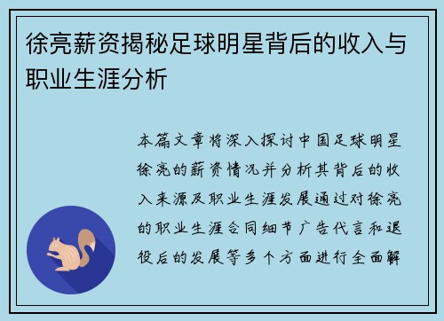 徐亮薪资揭秘足球明星背后的收入与职业生涯分析